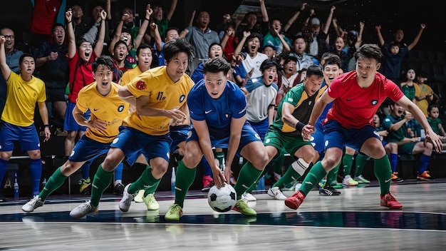 Jugadores con zapatos de futsal y pelota durante un partido de futesal