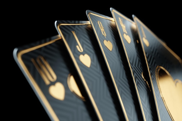 Jugando a las cartas aisladas sobre fondo negro Concepto de juegos de azar en línea recreación póquer black jack casino en línea Copia espacio 3D ilustración 3D render