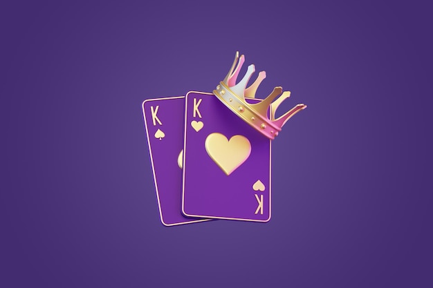 Jugando a las cartas con corona dorada sobre un fondo púrpura Tarjetas de casino blackjack poker 3D render