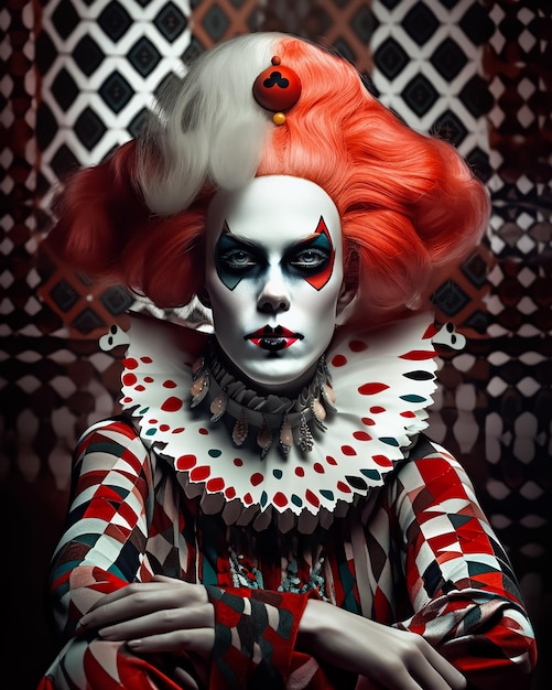 jugando a las cartas queen Clown en Fancy Black, trajes blancos y rojos y cabello colorido