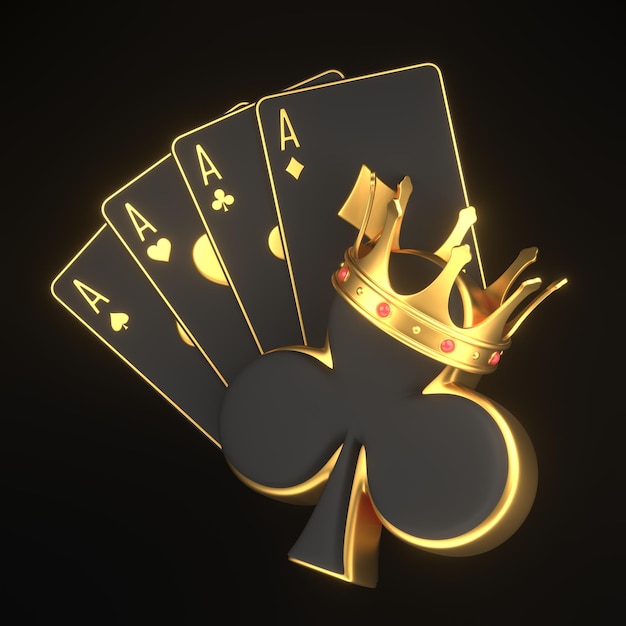 Jugando a las cartas con símbolos de cartas de ases y corona dorada sobre un fondo negro Icono del club 3D renderizado