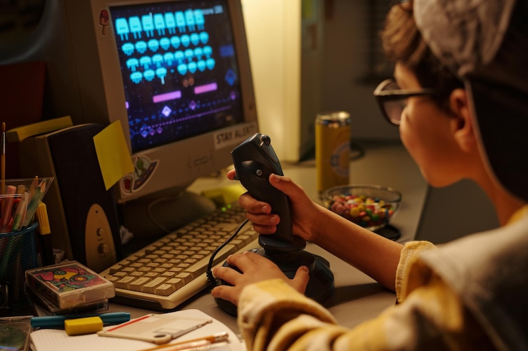 Foto jugando a un videojuego retro en una computadora vieja en una habitación con poca luz