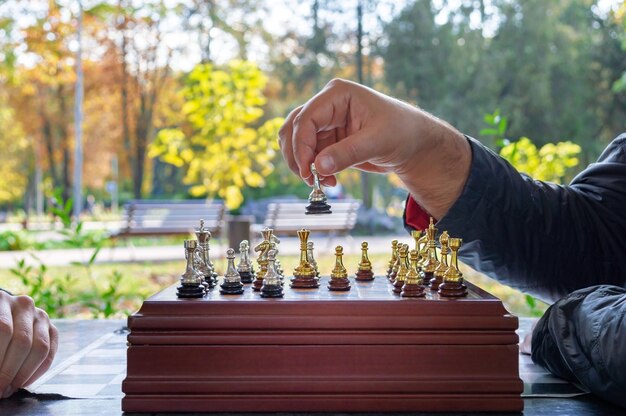 Jugar al ajedrez al aire libre en el parque de otoño.