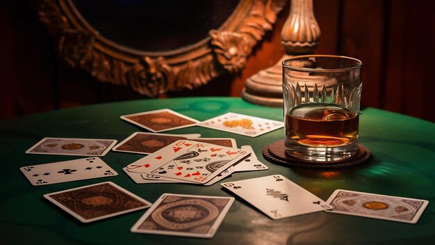 Jugar a las cartas y un vaso de whisky en la mesa verde