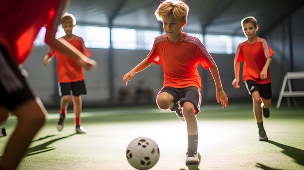 Jugendfußballmannschaft übt Dribbling-Übungen auf dem Feld