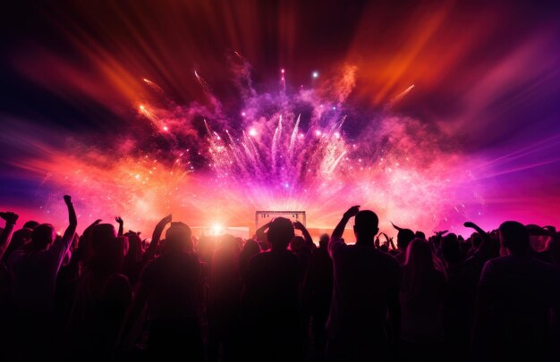 Jugendliche auf dem Musikfestival mit Feuerwerk