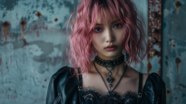 Jugendliche Chinesin mit rosa lockigem Haar Illustration im gotischen Stil