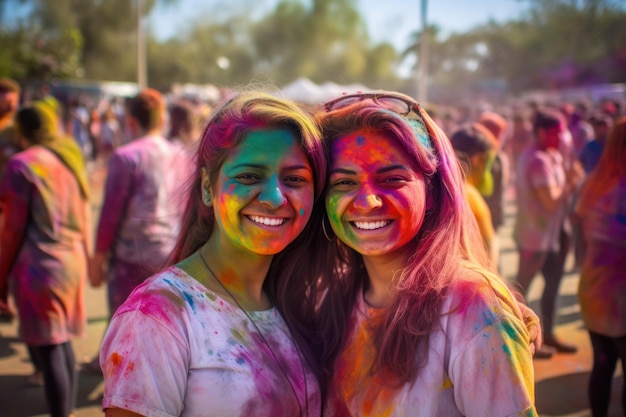 Jugendliche Festivalbesucher werfen während der lebhaften Holi-Feier bunte Pulver in die Luft