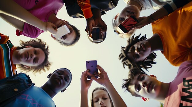 Foto jugendliche in einem kreis mit smartphones multikulturelle jugendliche mit cellpho generative ki
