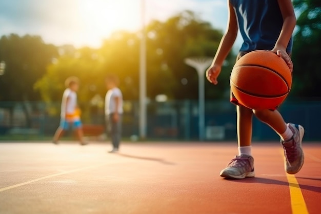 Jugendliche Reifen Nahaufnahme eines Schulkindes, das im Freien Basketball spielt