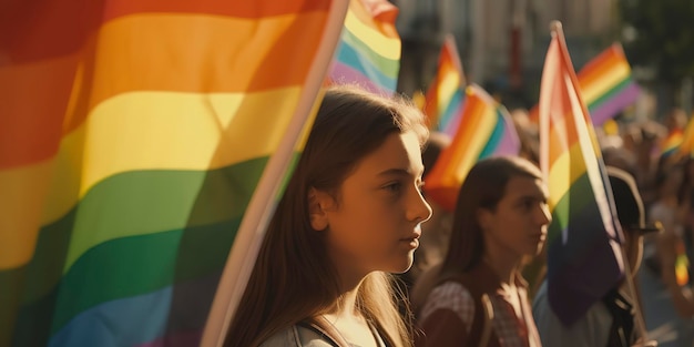 Jugendliche schwenken Regenbogenfahnen und Poster bei der jährlichen Pride Parade Generative AI