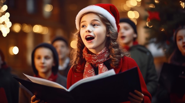 Jugendliche singen traditionelle Lieder auf der Straßen der Stadt am Heiligabend