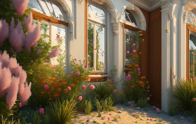 Jugendstil-Innenwohnung und weiße Holzwand im Hintergrund mit Blumen an der ganzen Wand
