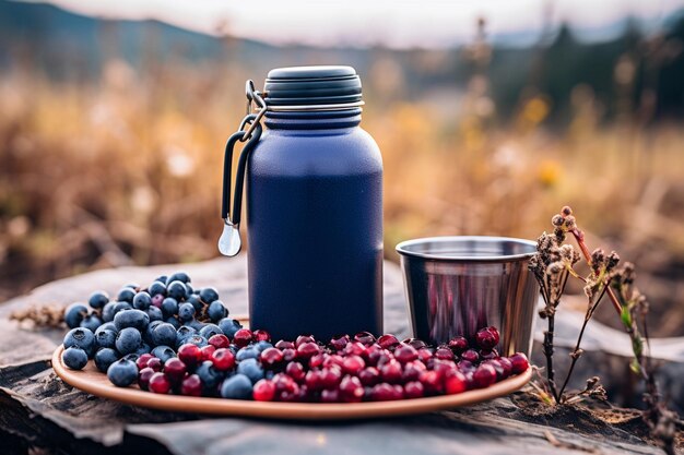 Jugo de arándano servido en un vaso con una rebanada de pastel en el lado