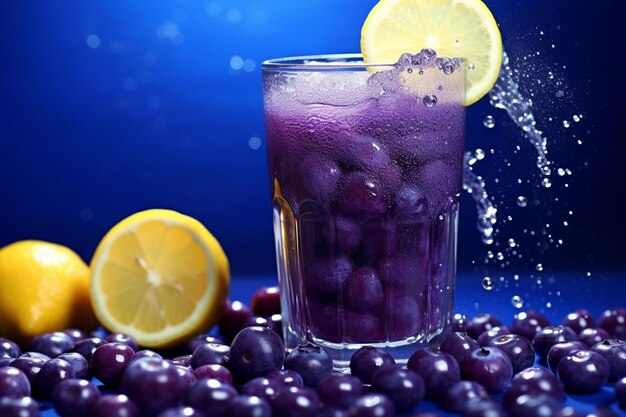 Foto jugo de arándano servido en un vaso con una rebanada de pastel en el lado