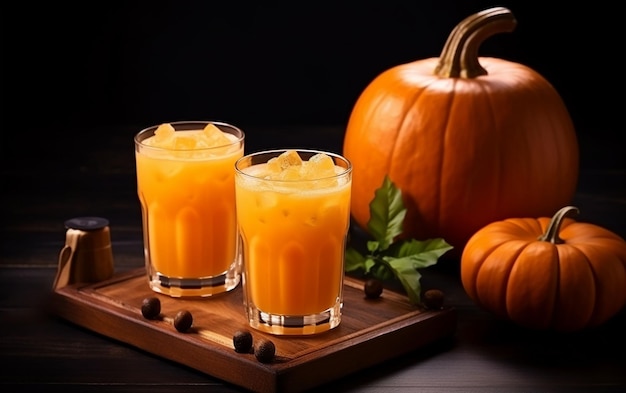 Jugo de calabaza fresca en una copa de vidrio y calabazas naranjas