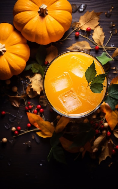 Jugo de calabaza fresca en una copa de vidrio y calabazas naranjas