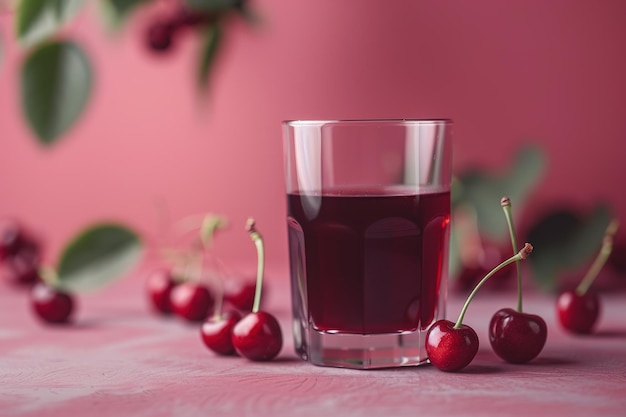 Foto jugo de cereza fresco en un vaso sobre un telón de fondo rosado con bayas maduras