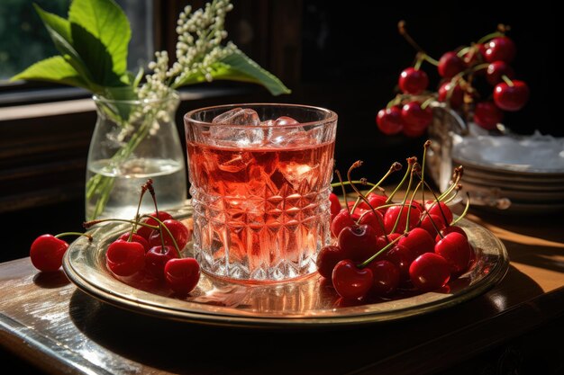 Jugo de cereza frío bajo la luz solar IA generativa