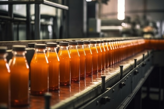 Jugo de cinta transportadora en botellas en planta o fábrica de bebidas