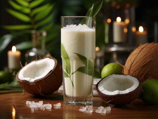 Jugo de coco instalado en la fotografía de productos de vidrio 32K