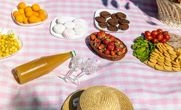 Jugo de dulces de frutas en una manta de picnic en el jardín de verano