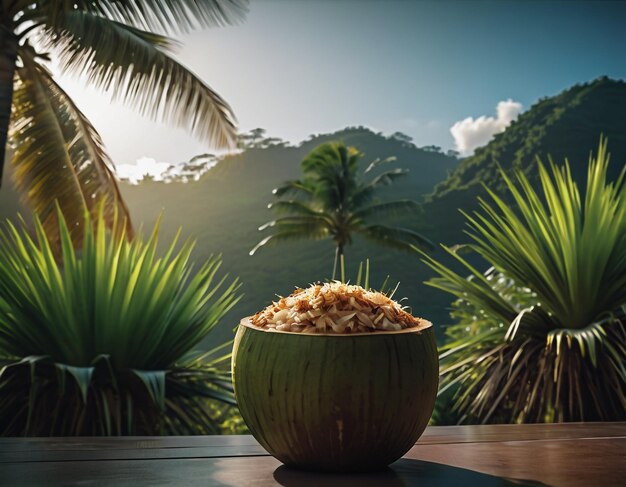 Foto un jugo especial de verano presentado por el coco en una zona tropical