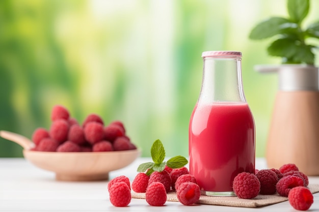 Jugo de frambuesa fresco y helado en botella