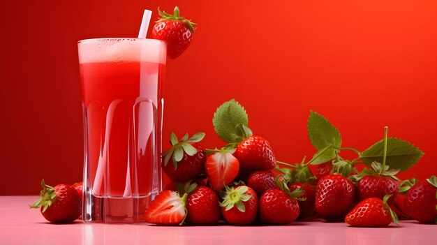 Foto jugo de fresa con fruta fresca sobre fondo rojo