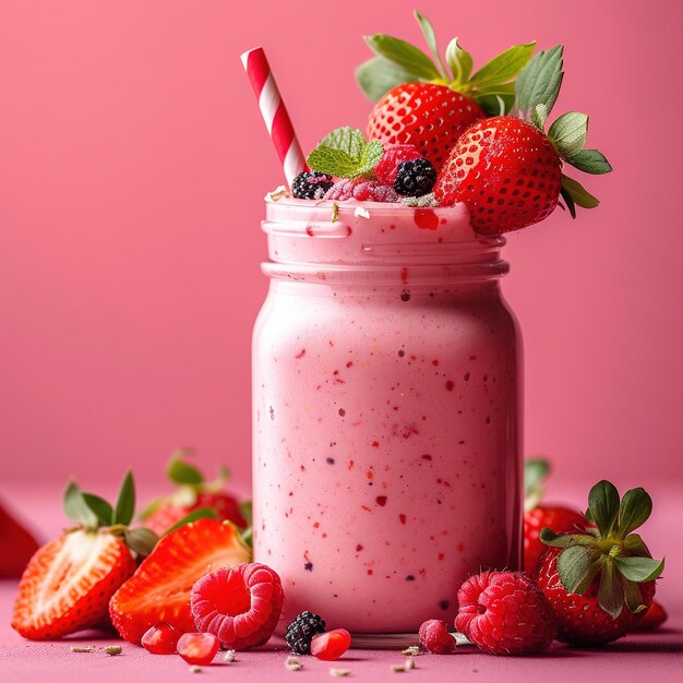 Jugo de fresa gratis en taza con una vista encantadora