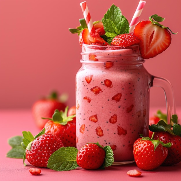 Jugo de fresa gratis en taza con una vista encantadora