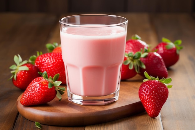 Jugo de fresa con leche y taza en la mesa.