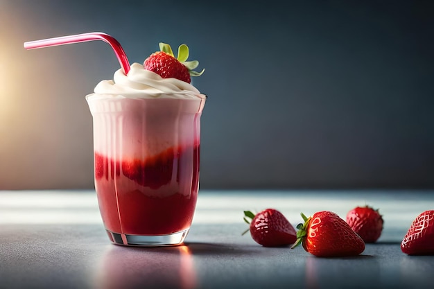 Jugo de fresa con leche y taza sobre la mesa.