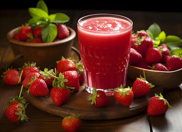 Foto jugo de fresa sobre mesa de madera con fresas.