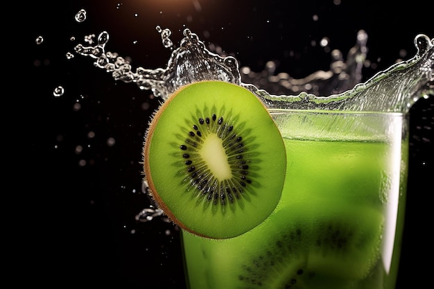 Foto el jugo de la fruta del kiwi se vierte en un vaso