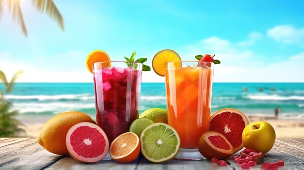 Jugo de frutas frescas en fondo de mar y playa Generativo Ai