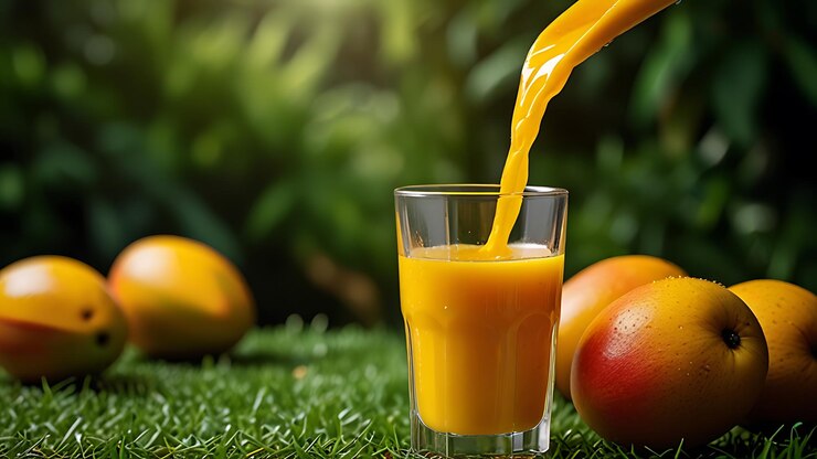 Jugo de frutas de mango maduro sabroso y saludable para el desayuno bebida de jugo dulce de frutas mixtas coloridas lleno
