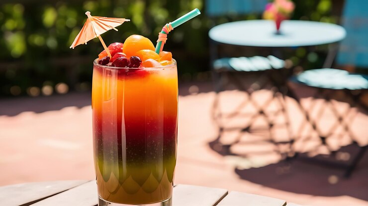 Jugo de frutas de mango naranja sandía en vaso sobre fondo verde de vibración de verano Frutas frescas y saludables