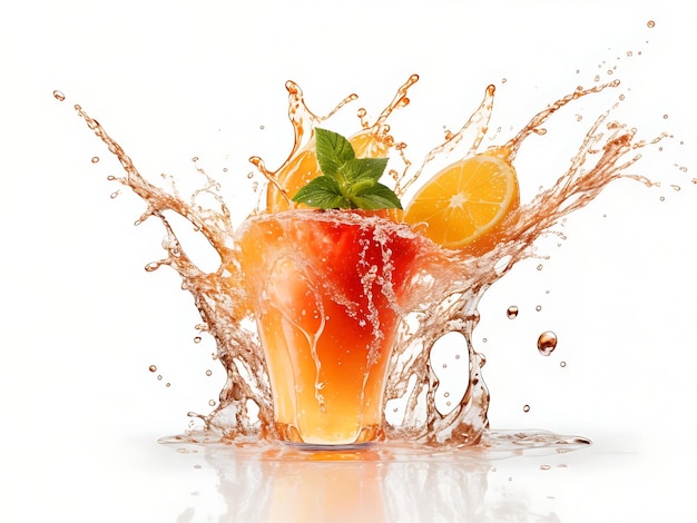 Jugo de frutas salpicando de un vaso aislado sobre un fondo blanco