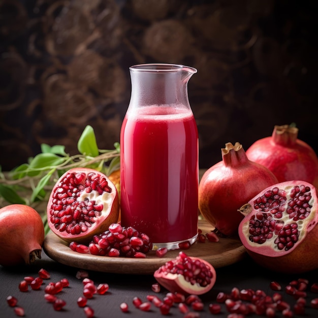 Jugo de granada fresco en una jarra de vidrio con frutas maduras