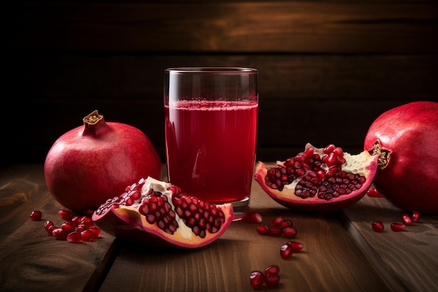 Jugo de granada fresco en una mesa de madera de cerca