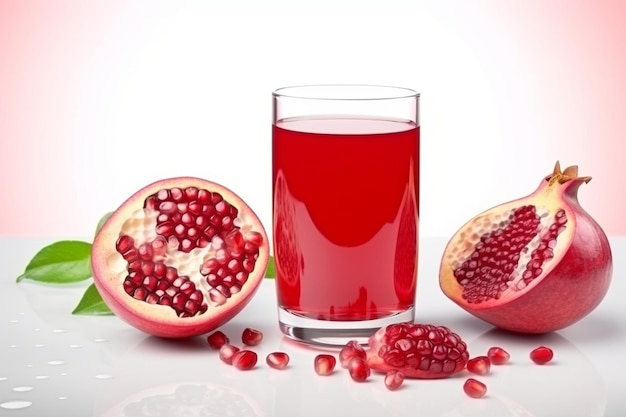 Jugo de granada roja con granadas frescas en superficie blanca