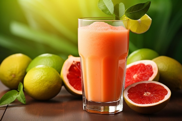 Foto el jugo de guayaba se vierte desde una licuadora en un vaso con una rebanada de guayabé en el borde