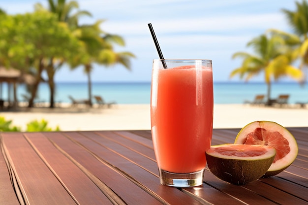 El jugo de guayaba se vierte desde una licuadora en un vaso con una rebanada de guayabé en el borde