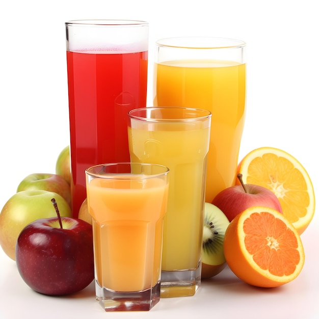 Jugo El jugo de frutas es una bebida popular hecha de exprimir el jugo de las frutas. Se puede servir fresco o procesado y, a menudo, se consume como una alternativa saludable a los refrescos. Ai generativo.