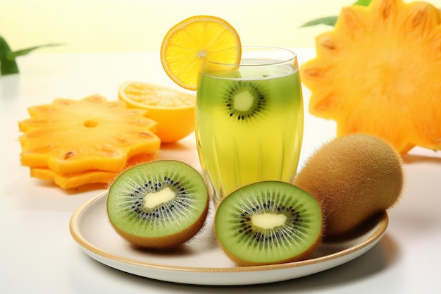 Jugo de kiwi servido en una cáscara de coco con una rebanada de lima y una rebaja de sandía