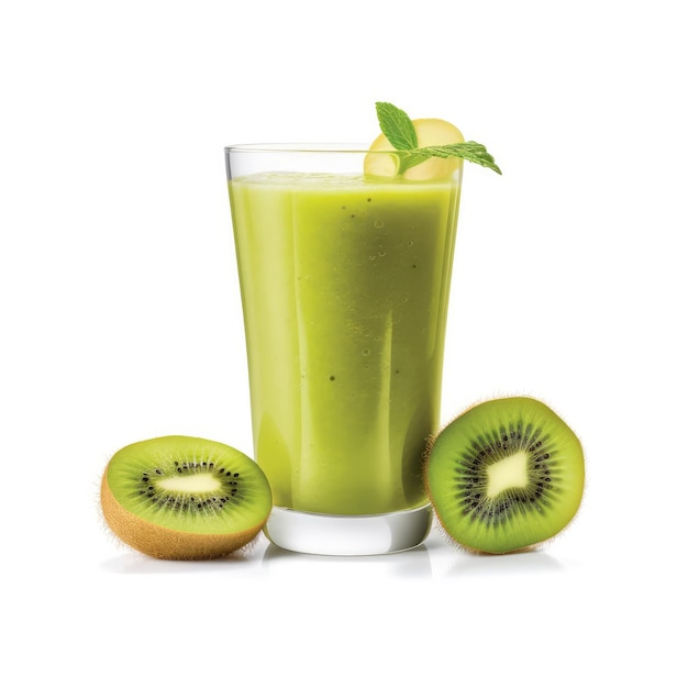 Jugo de kiwi con toques de kiwi en un estudio de fondo blanco aislado