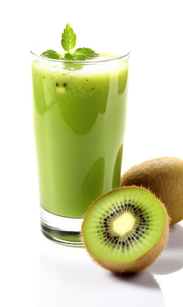 Jugo de kiwi con toques de kiwi en un estudio de fondo blanco aislado