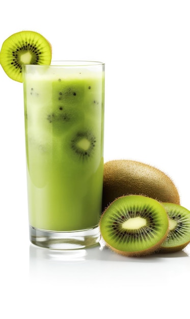 Jugo de kiwi con toques de kiwi en un estudio de fondo blanco aislado