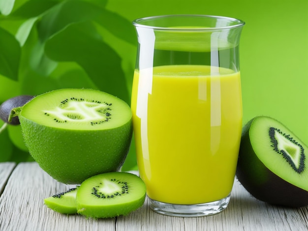 Jugo de kiwi en un vaso de vidrio generado por IA